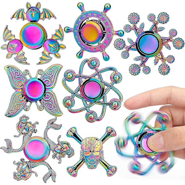 Regnbågsfidgetspinners för vuxna och barn, metallfidget, 7-pack fingerspinner, bordsspel, godispåsefyllning, present för stressavlastning,