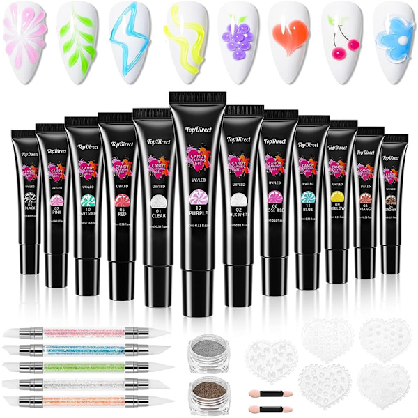 3D Nail Gel, TopDirect 12 Colors Building Gel, Sculpting Gel med 5 x silikonnagelborstar