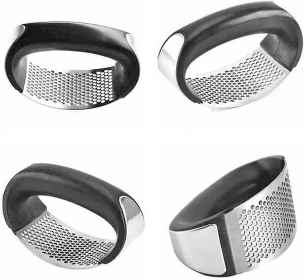 Garlic press in stainless steel with handle, reversible