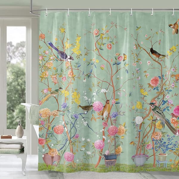 Green Mildew Resistant Waterproof Bird Flower Shower Curtain