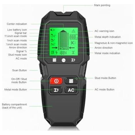 5-in-1 Wall Mounted Detector for Wood, Electrical Wires, Metal Studs, Cables and Beams, with LCD Screen (Orange)