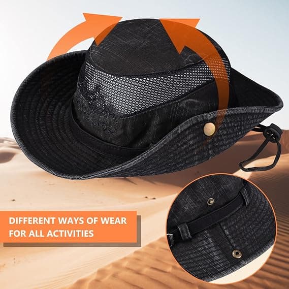 Solhat UV-beskyttelse Bøllehat Sommerhat Strandhat Safari Boonie Hat Sammenfoldelig Fiskehat med Åndbart Mesh og Justerbar