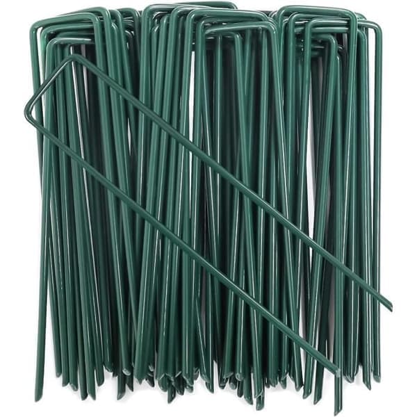 100 stk galvaniserte stålmarkpinner, U-formet hageanker for bunndekke, 150x25mm, 3mm, grønn (BT)