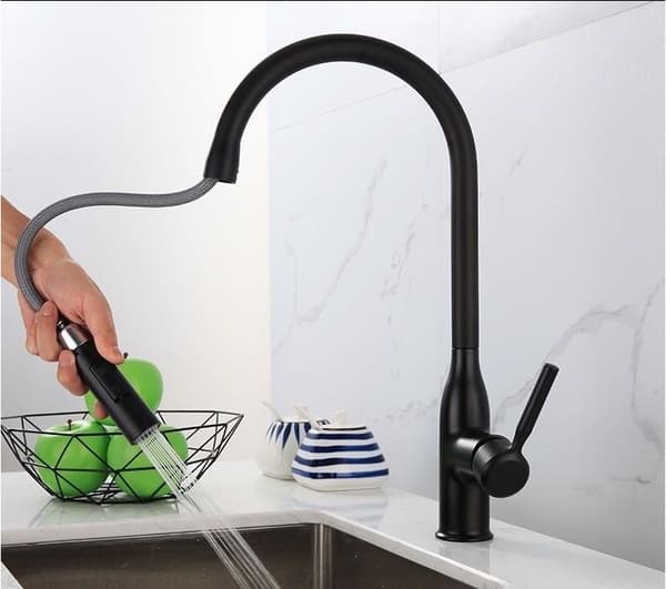 One-piece kitchen faucet with pull-out spray matte 360° swivel stainless steel sink mixer 2-function kitchen faucet (black)