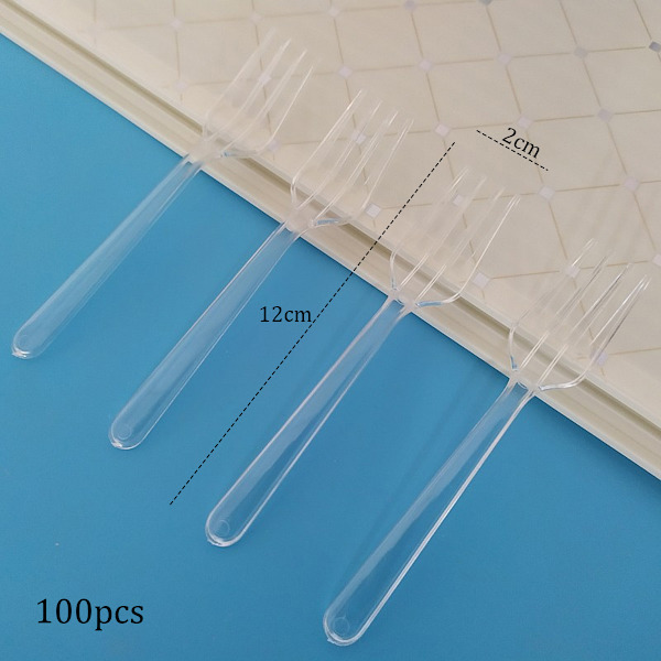 Paket med 100 transparenta plastgafflar, återanvändbara bestick, festbestick, plastbestick, tårtgafflar för inomhus- och utomhusevenemang, födelsedagsfester, bröllop