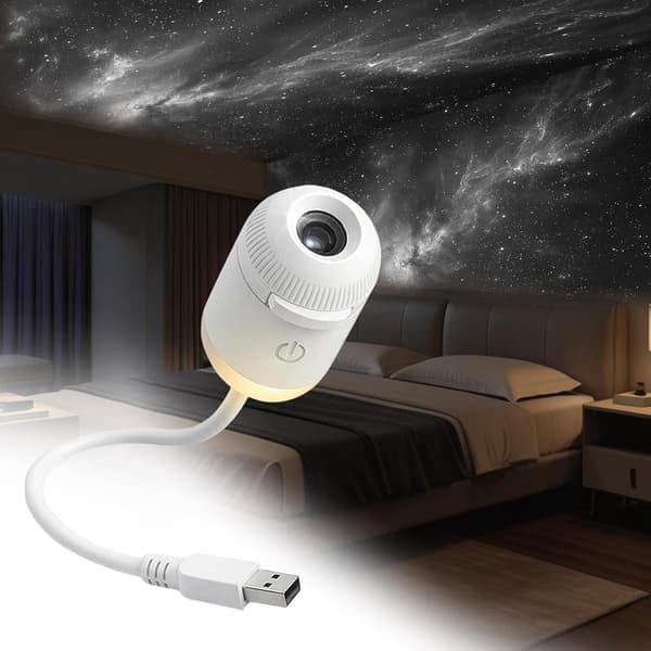 Stjärnhimmelsprojektor, vit, 12 projektionsark, 360° svanhals USB, stämningsbelysning för sovrum eller barnrum.