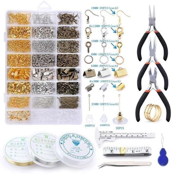 Mega Kit för Smyckestillverkning - Tänger, Tråd, Ringar - DIY multifärg