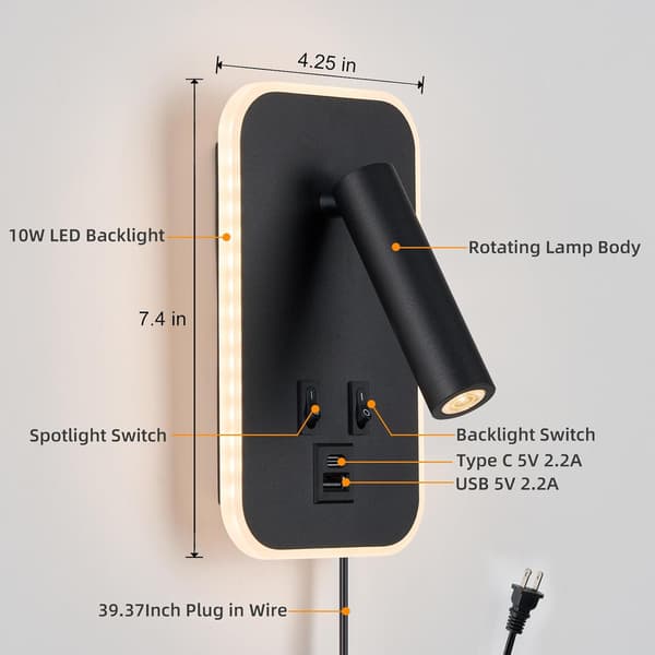 Hodegjerde Leselys, Nattbordslampe Plug-in Kablet 2-i-1 Vegglampe, Nattbordslamper USB C+A Porter, Justerbare Hodegjerde Lys for Soverom