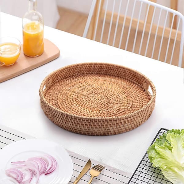 Round Braided Tray with Handles, Perfect for Serving Breakfast, Drinks, or Snacks