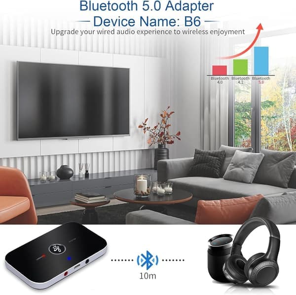 Bluetooth 5.0 Transmitter Receiver 2-in-1 Auxiliary Audio Adapter with Auxiliary 3.5mm R/L Cable for TV/Airplane/Speakers/Bluetooth Headphones