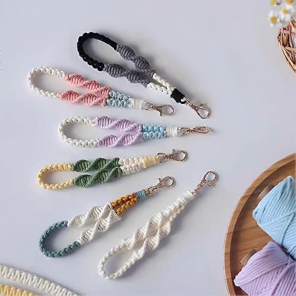 6 Pcs Boho Macrame Mobile Phone Wrist Strap, Mobile Phone Lanyard with Fixing Tab, Keychain Wrist Strap, Anti-Loss Mobile Chain