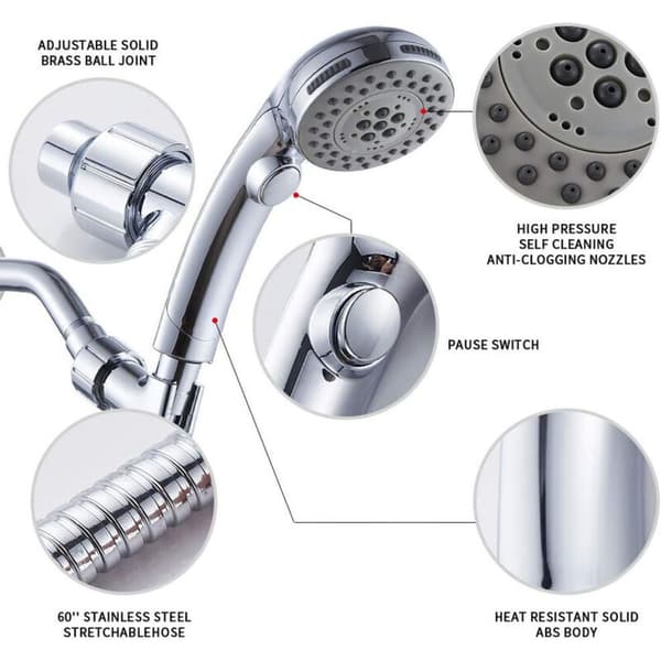 High-Pressure Shower Head with 6 Settings, On/Off Switch, and Spa Spray Mode - Handheld Shower Head - Shower Head with Hose - Chrome