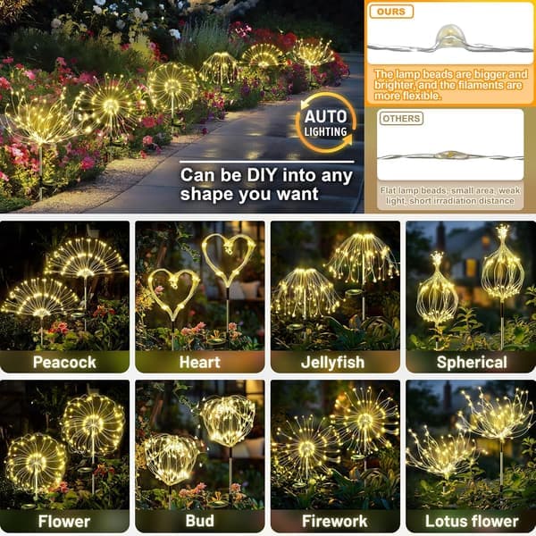 Solar Powered Decorative Outdoor Lights: With Flexible Copper Wire and 120 Firework-Shaped LED Lights - Waterproof Design.