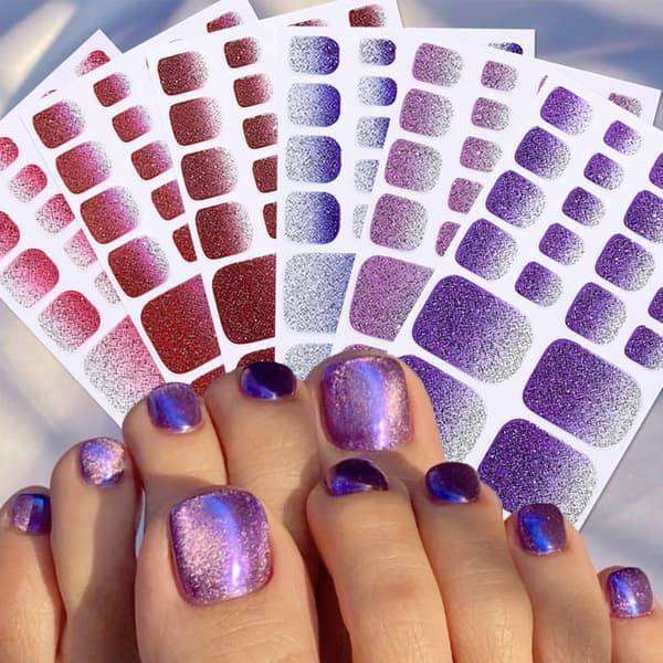 12 Sheets, 138 Pieces Gradient Glitter Toenail Stickers - Self-Adhesive Toenail Decals Combining Solid Colors and Glitter.