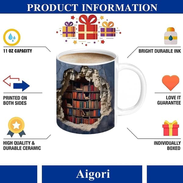 Library Shelf Shaped Mug Perfect for Book Lovers Unique Ceramic Cup Dishwasher and Microwave Safe 325 ml.