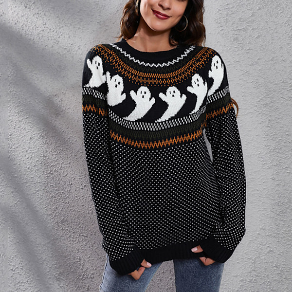 Svart M Halloween Ghost Sweater Halloween Retro Ghost Polka Dot Print Långärmad Crewneck Stickad Tröja för Kvinnor