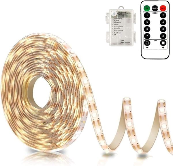 3m Batteridrevne LED-striper med fjernkontroll, vanntett, 8 moduser, dimbar, timer, selvklebende kuttbar (varmhvit)