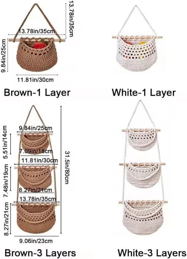 Practical Cotton Rope Fruit Basket, Simple and Stylish, Three-Layer Storage Bag, Handmade Fruit Net Pocket for Living Room (Beige)