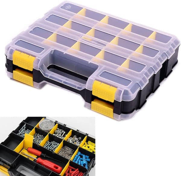 Tool Organizer Box For Small Parts 34 Compartments Double-Sided Hardware Organizer with Removable Plastic Dividers for Screws, Nuts, Nails,