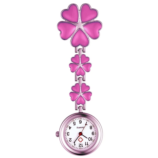 Kvinnors Clip on Fob Watch, Zinklegering Quartz Sjuksköterska Klocka, Blomform Slips Klocka, Hängande Fickur, med fem hjärtformade -Rosa