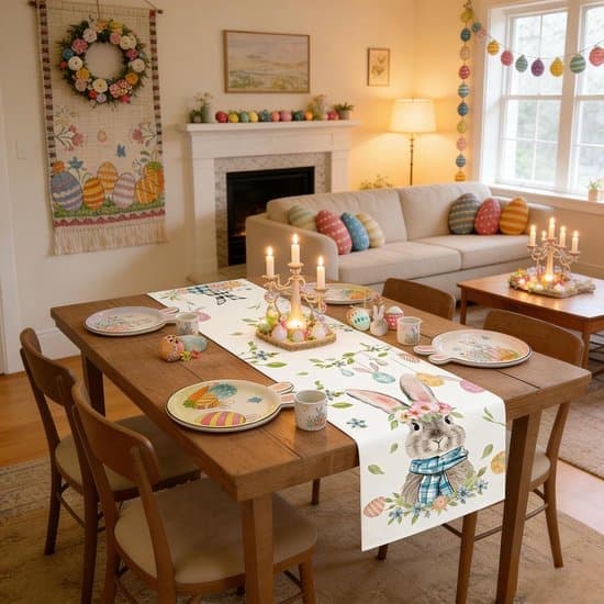 Easter Decoration - Easter Table Runner with Rabbits, Eggs, Flowers and Carrots - 40 x 140 cm Easter Tablecloth - Spring Table Runner