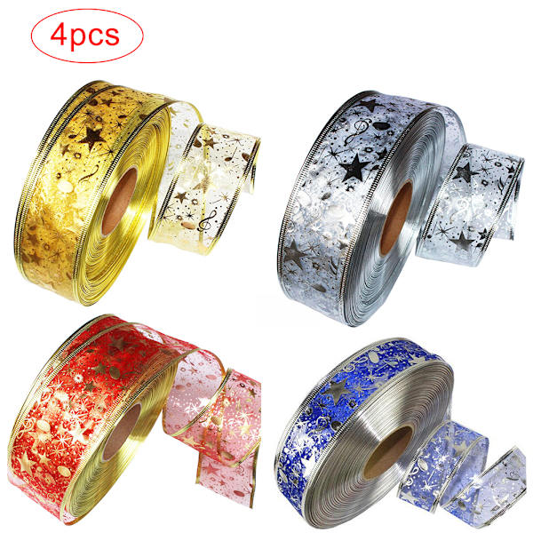 4 rullar 2m organza band Bling stjärntryckta band för bröllopspresentpaket juldekoration
