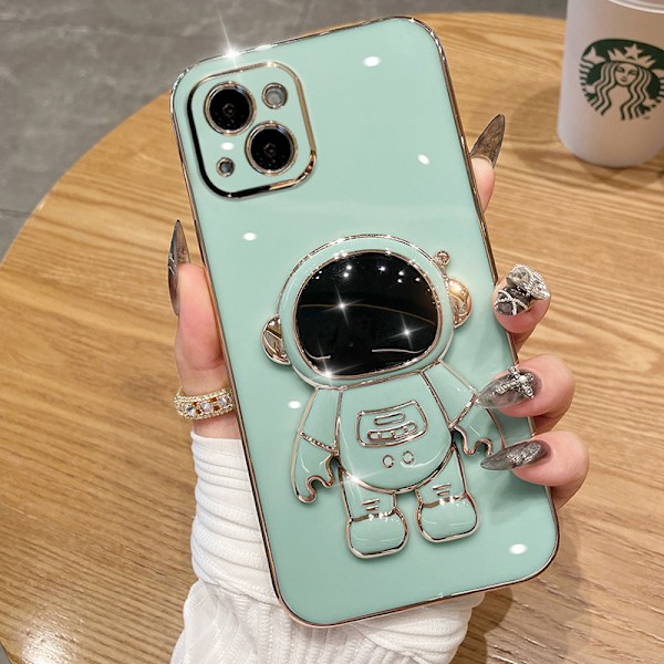 6D galvaniserad astronaut dold stativfodral för iPhone kvinnor astronaut hopfällbart stativ iPhone-fodral med kameraskydd mjuk TPU stötsäker Green iPhone XR
