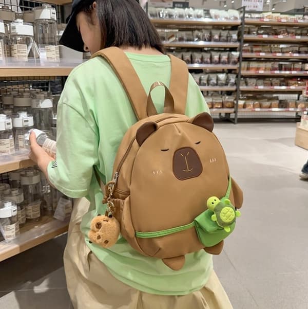 Backpack, 15L Holds laptop in compartment, With Capybara pendant, Brown