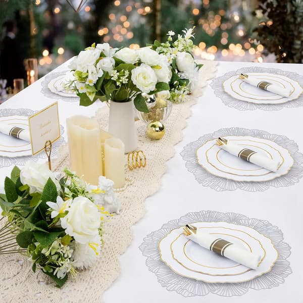 Round Silver Placemats, Set of 4, Floral Vinyl, Table Mats, Table Setting, Kitchen Placemats for Dining Table, Holiday, Wedding, Decorative