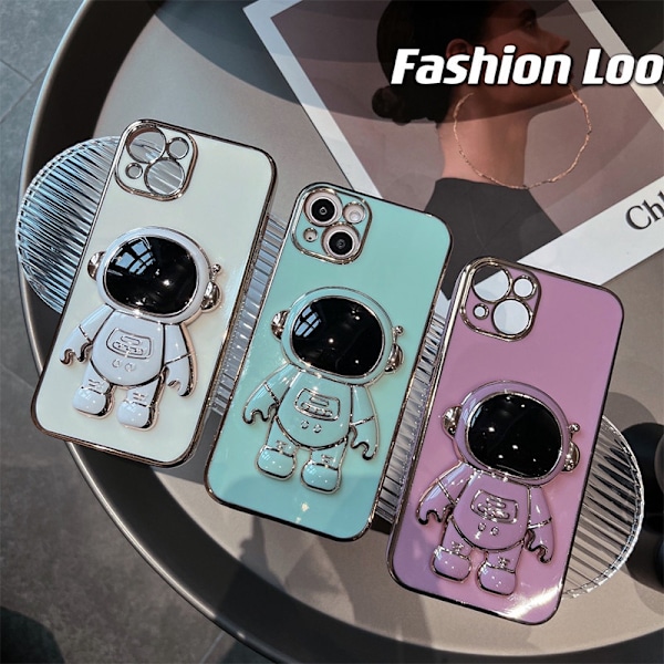 6D elektropläterad astronaut dold stativfodral för iPhone kvinnor astronaut hopfällbart stativ iPhone-fodral med kameraskydd mjuk TPU stötsäker Blue iPhone 11