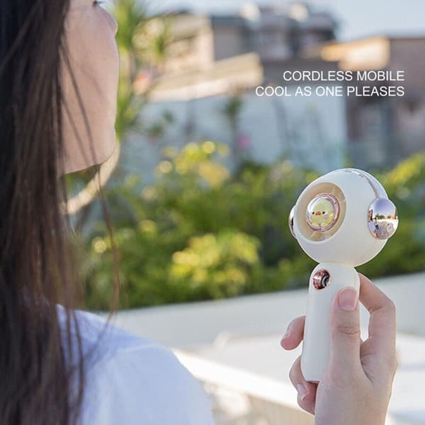 Portable fan with mist function, USB rechargeable, compact pocket fan, 500 mAh, pink, cute animal pattern.