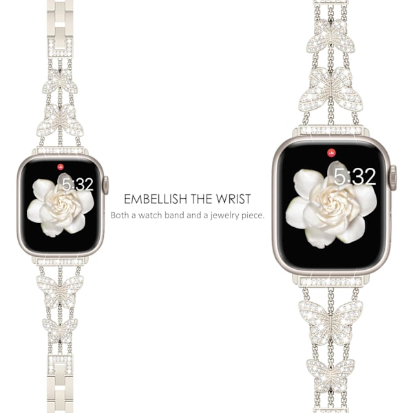 Armband kompatibel med Apple Watch för kvinnor, glittrande fjärilsdesign, fashion metall bling, rostfritt stål, ersättningsband Starlight Starlight 42/44/45mm