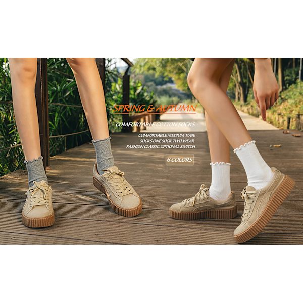Damstrumpor. Volang Turn-Cuff Casual Ankle Socks Andas Cool Knit Cotton Lettuce Crew Frilly Sock 3 Pack