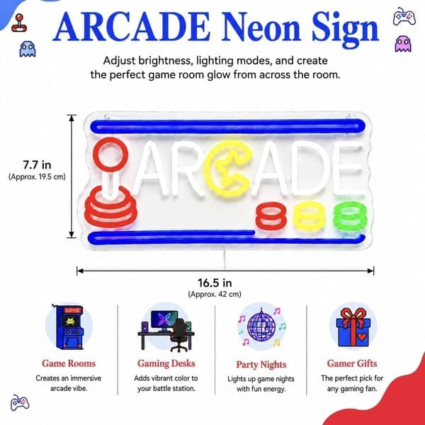 ARCADE Neonskilt med fjernkontroll: Spillveggdekor for gutterom