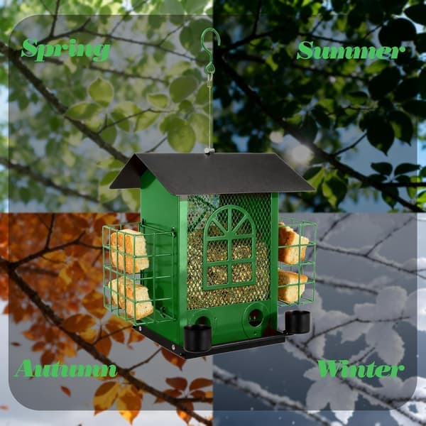 Outdoor Metal Bird Feeder Large Capacity Premium Wild Bird Feeder (Includes Bread Compartment) Metal Mesh Design Multi-Compartment Storage Green