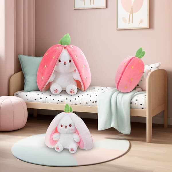 Rabbit Plush Reversible Hugging Rabbit Plush, Christmas Strawberry Rabbit Transformed Rabbit Plush Zipper, Transforms Into Ear Rabbits Plush Toy