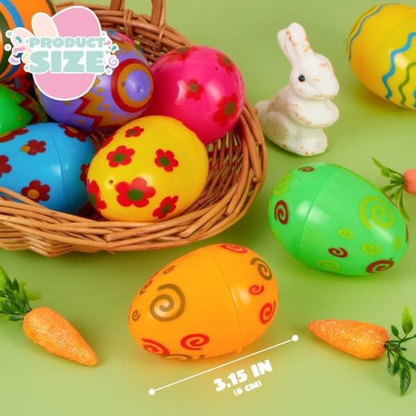 Toy 36 Pcs Plastic Printed Bright Easter Eggs Over 3 Inches Tall Fillable Empty Eggs in Bulk for Easter Hunt, Basket Stuffers, Classroom Prize