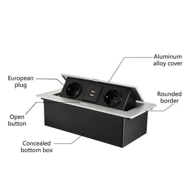 EU Hidden Socket in Countertop Desk Retractable Socket Table Socket Slow Pop Up with USB Charging Wall Socket Black Black