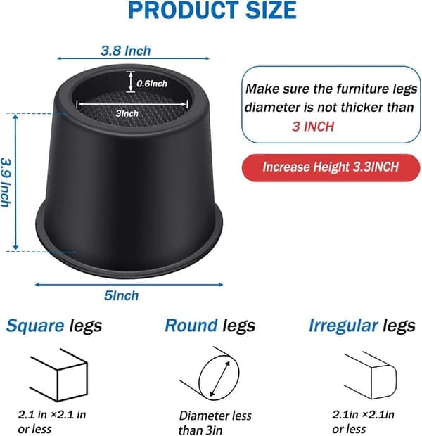 Sengestigerør 4 tommer kraftig runde møbelstigerør for seng, skrivebord, bord, sofa, sengeløfter støtter opptil 3300 lbs (4-pakning svart)