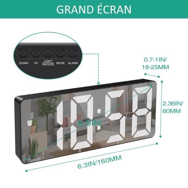 Digital Alarm Clock, LED Alarm Clock with Snooze Function, Adjustable Brightness, with Daylight Mode (LED Mirror)