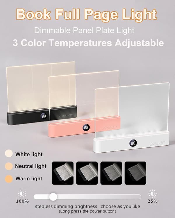 Rechargeable Transparent LED Flat Reading Light, Dimmable Full Page Panel Light with Book Clip, Three Color Modes and Timer. White White