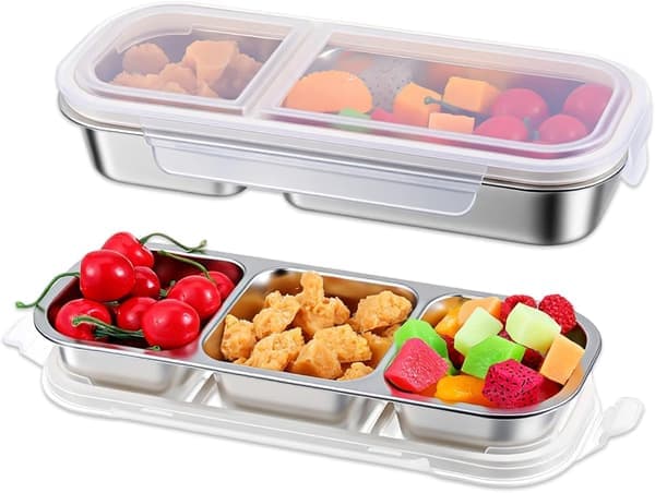 2-pack snackboxar i rostfritt stål, storlek 2 och 3 fack bento snackboxar, läckagesäkra såsboxar, bento boxar i metall