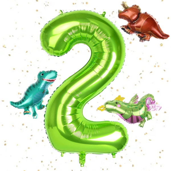 40 tum grön nummerballong, grön nummer 2 och 3 st dinosaurieballonger för födelsedag, stor folieballongnummer, dekoration för födelsedagsfest och djur