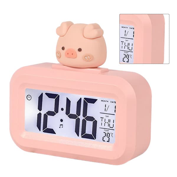 Söt rosa gris LED väckarklocka med kalender och temperaturvisning