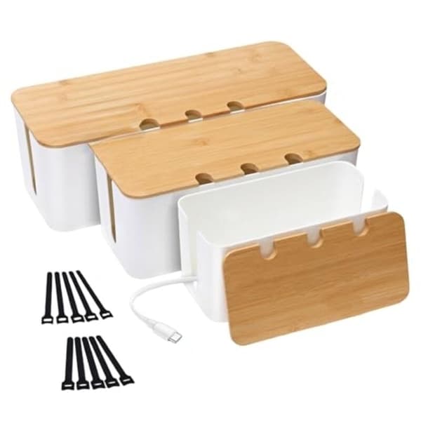 Set of 3 Cable Storage Boxes, Cable Management Boxes, Cable Storage Boxes with Bamboo Lid, Cable Storage Boxes to Hide Cables. Organize