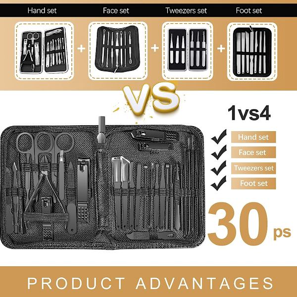 Manikyrset 30 i 1 nagelklippare set, fingernagel- och tånagelklippare, pedikyrkit, lämplig för resemanikyrverktyg