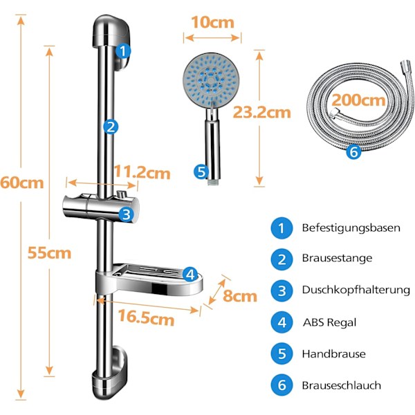 5-läges duschset med duschstång, handdusch, duschslang för badrum