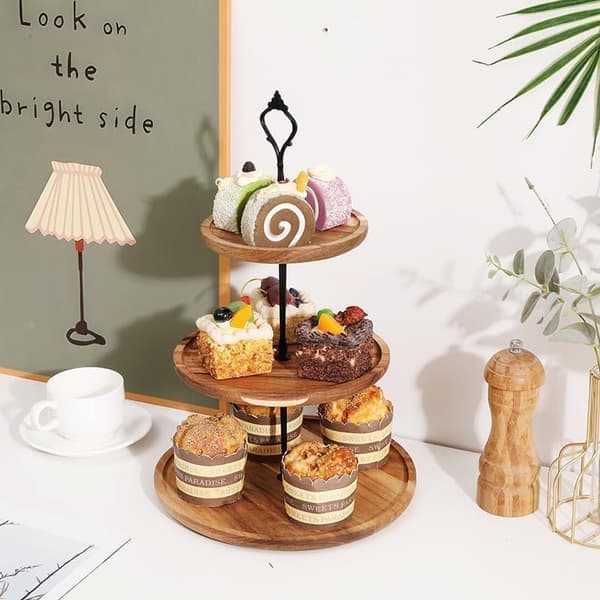 3-lags Cupcake-stativ i Akacietræ - Trækagestativ til Bryllupper, Fødselsdage, Eftermiddagste og Julepynt