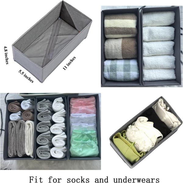 Sock Drawer Organizer 3-Pack - Foldable Fabric Storage Bins for Underwear, Dividers, Small Closet Organizers with 3 Compartments, Grey