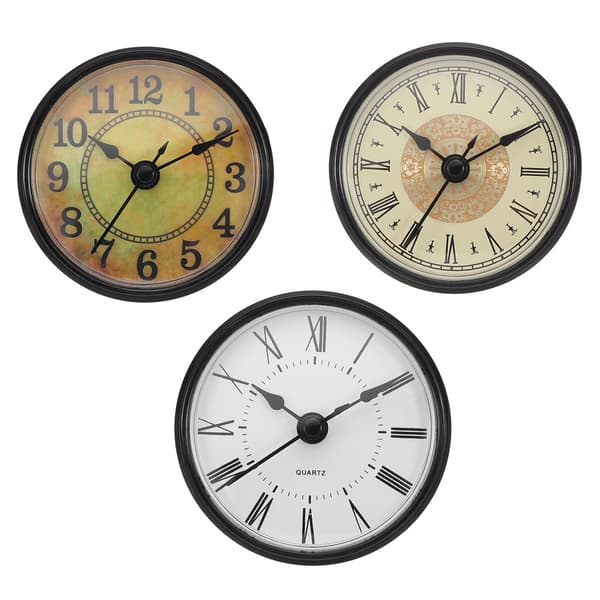 Quartz clock with 70 mm diameter and integrated dial, craft item, black dial with Roman numerals.